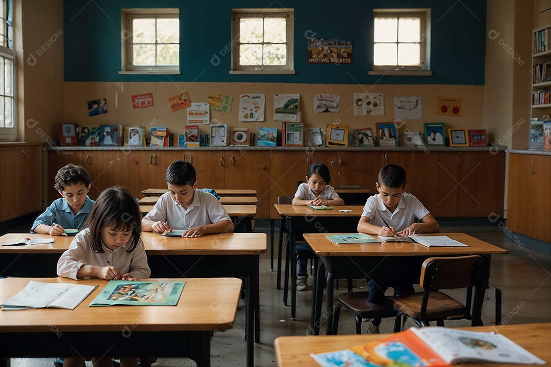 Crianças escrevendo em seus cadernos na sala de aula