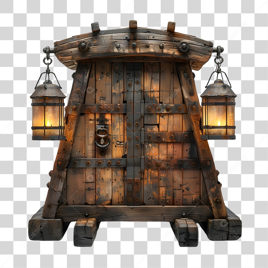 Estrutura de Madeira com Lampiões Elemento 3D para Composição PNG Transparente
