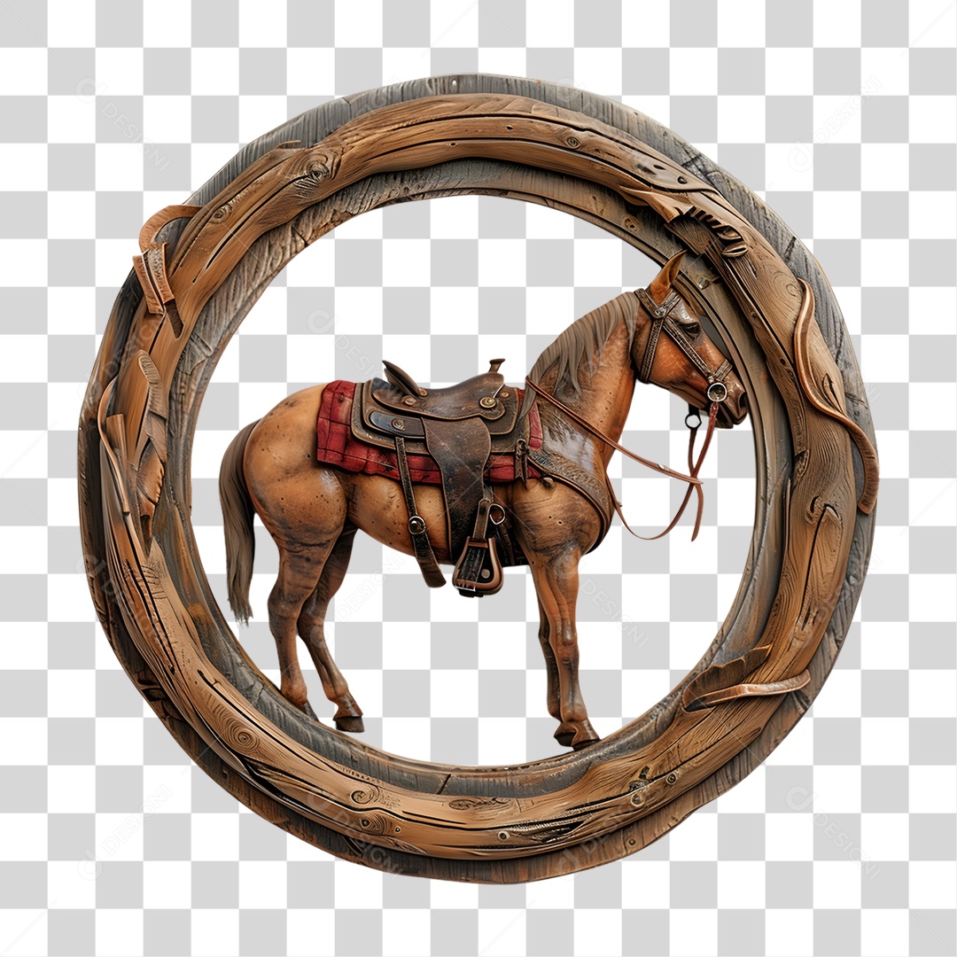 Moldura Circula com Cavalo Elemento 3D para Composição PNG Transparente