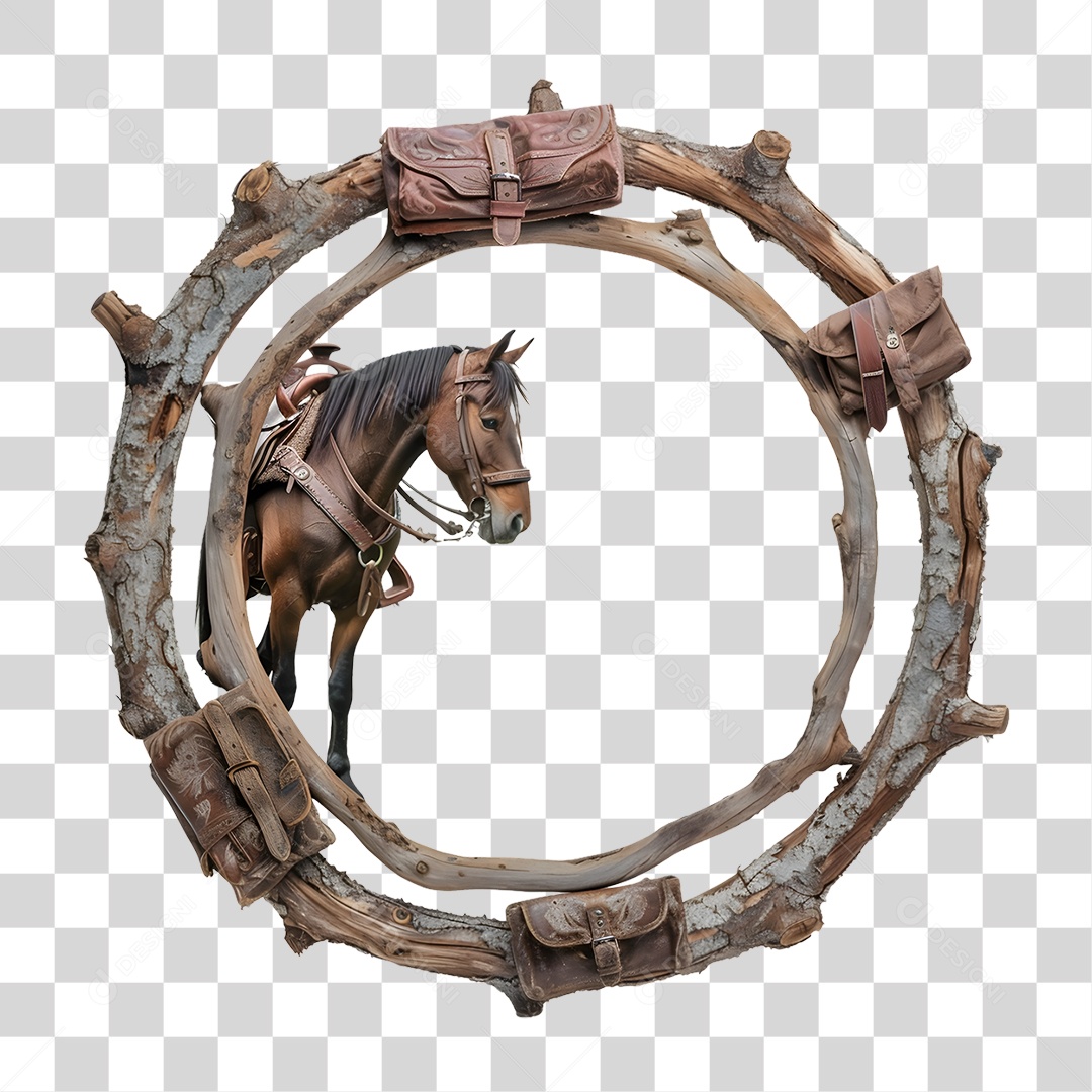 Moldura Circula com Cavalo Elemento 3D para Composição PNG Transparente