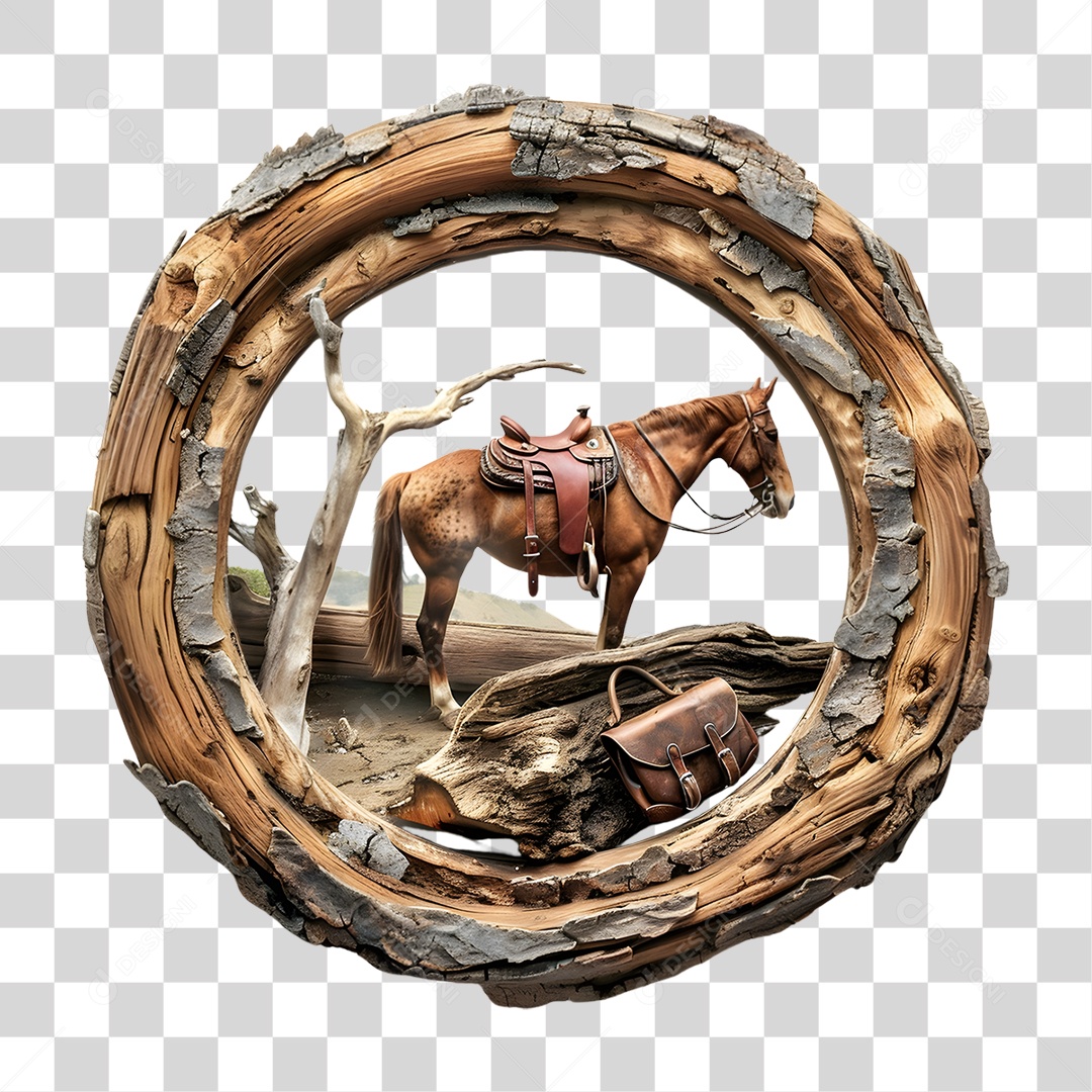 Moldura Circula com Cavalo Elemento 3D para Composição PNG Transparente
