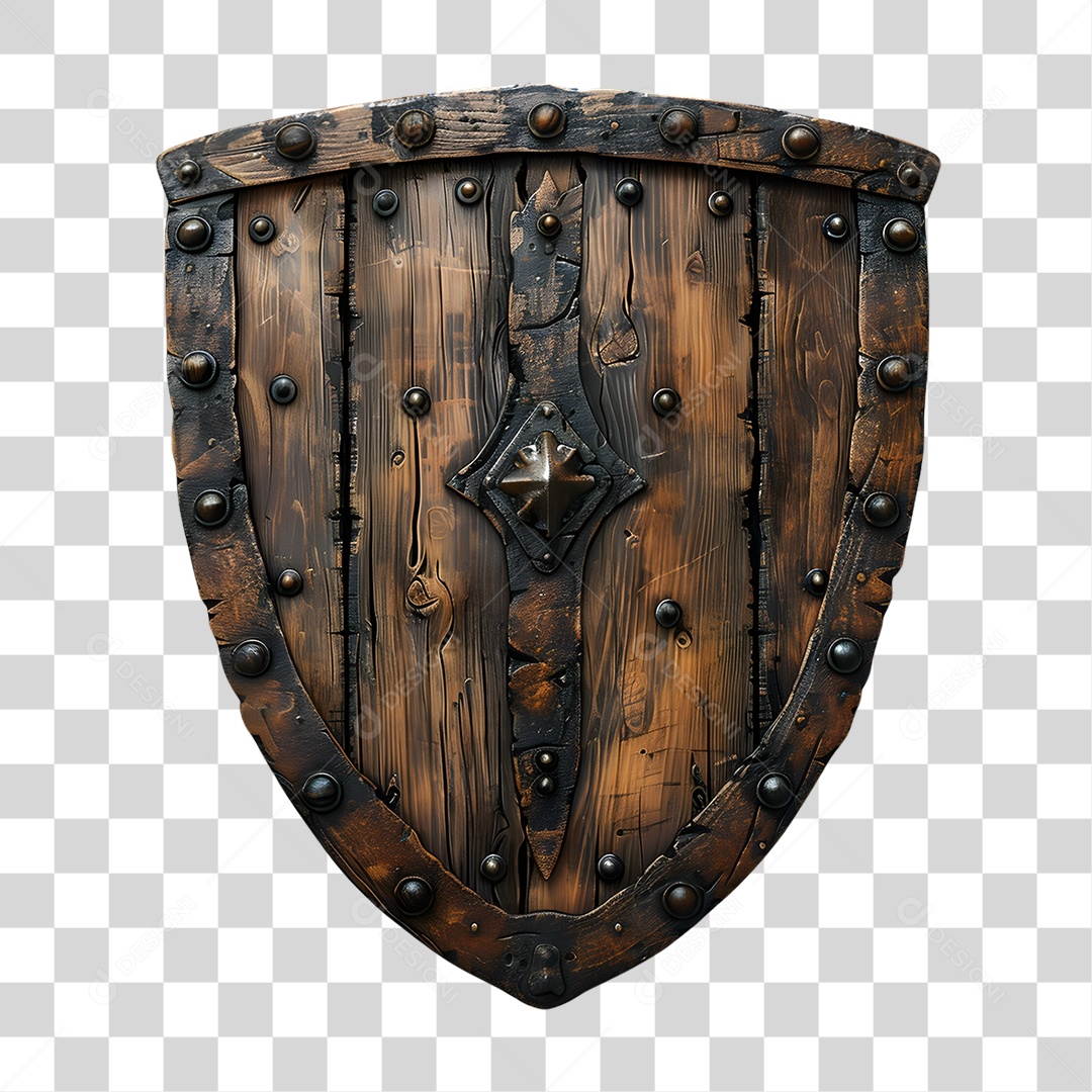 Escudo de Madeira Elemento 3D para Composição PNG Transparente