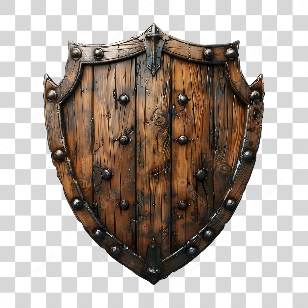 Escudo de Madeira Elemento 3D para Composição PNG Transparente