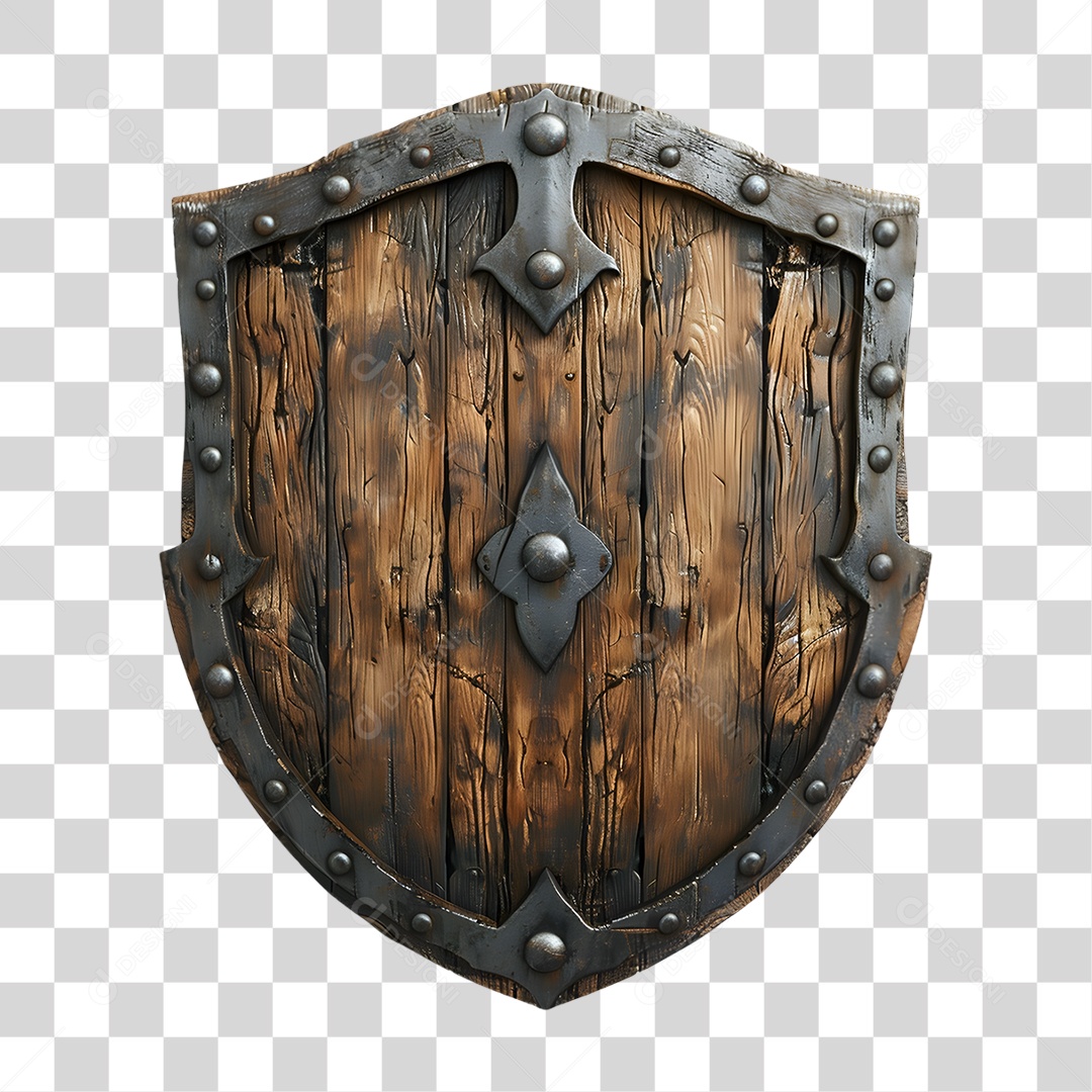Escudo de Madeira Elemento 3D para Composição PNG Transparente