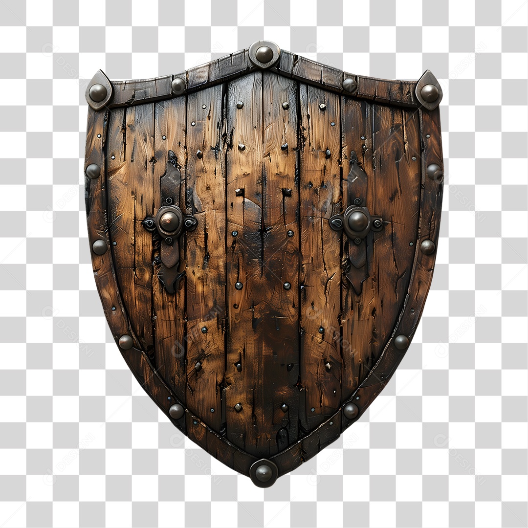 Escudo de Madeira Elemento 3D para Composição PNG Transparente