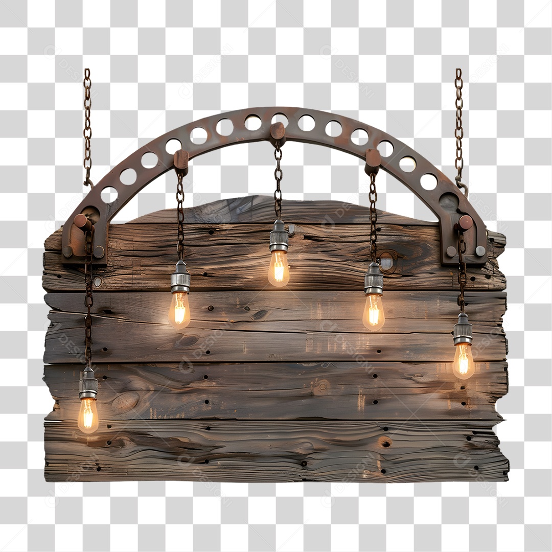 Placa de Madeira Pendurada com Lâmpadas Elemento 3D para Composição PNG Transparente