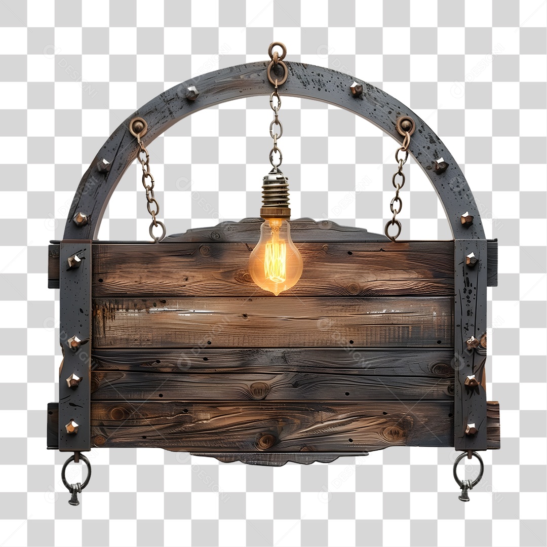 Placa de Madeira Pendurada com Lâmpada Elemento 3D para Composição PNG Transparente