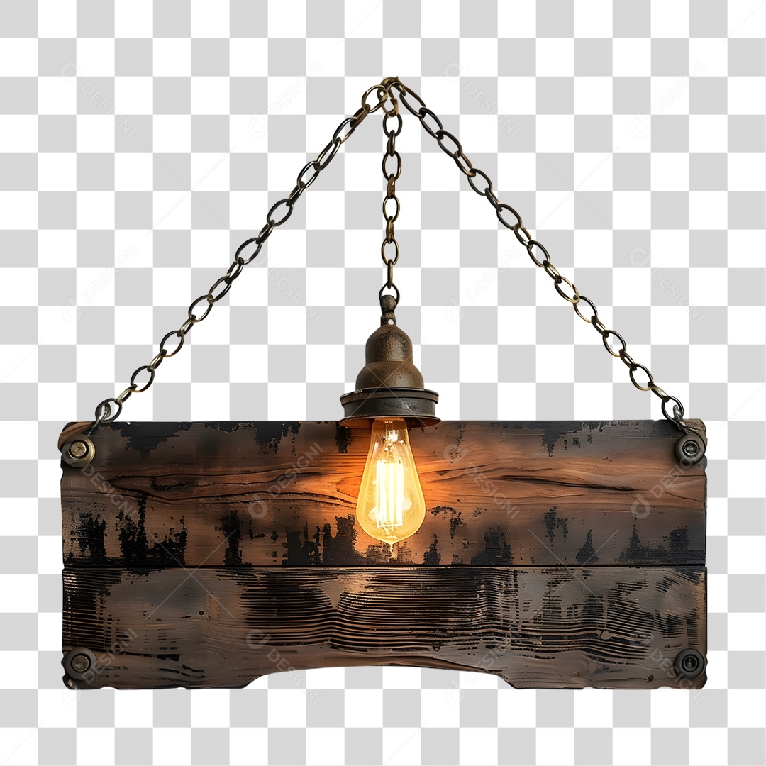 Placa de Madeira Pendurada com Lâmpada Elemento 3D para Composição PNG Transparente