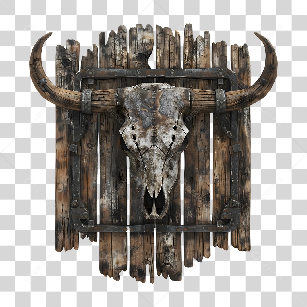 Placa de Madeira com Crânio Bovino PNG Transparente