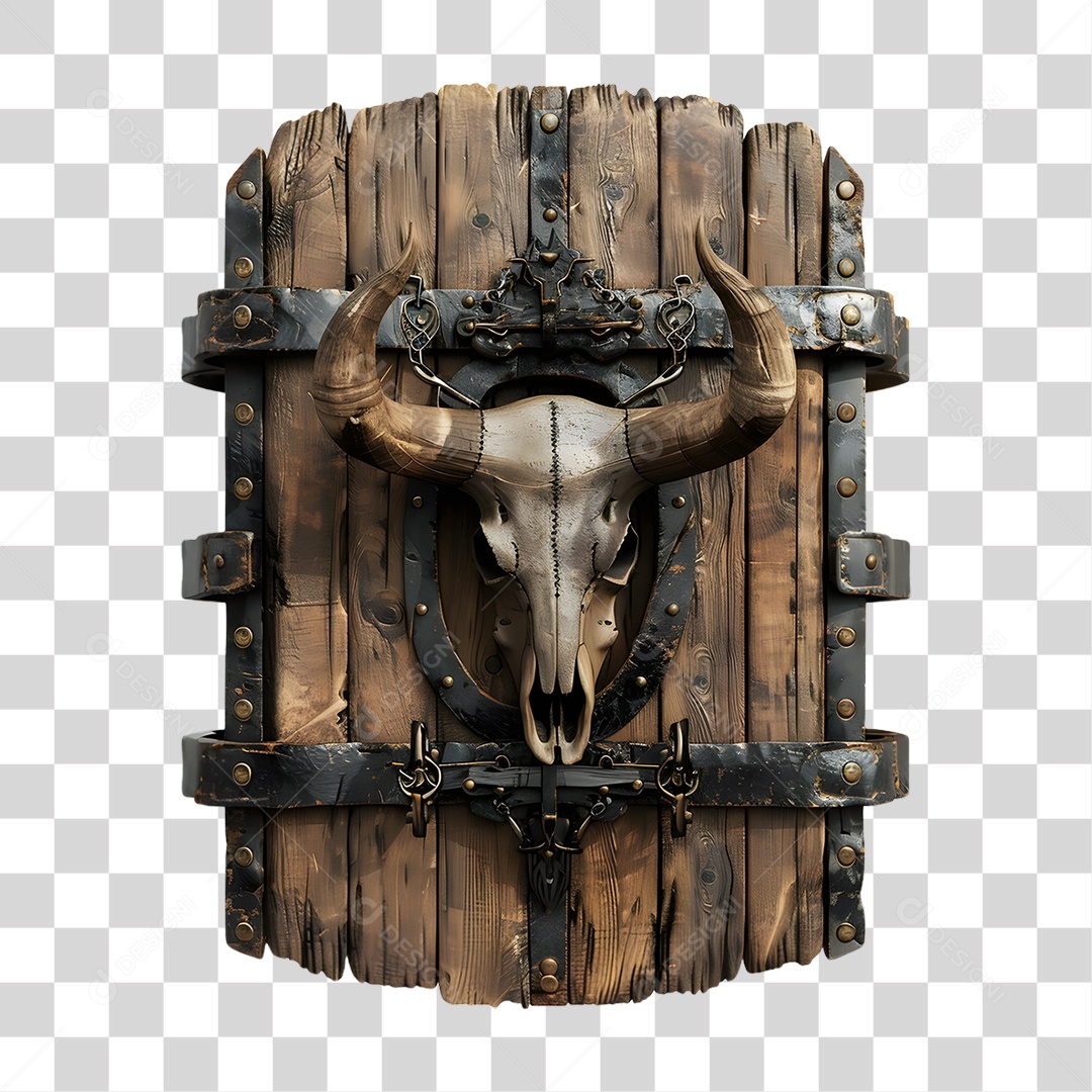 Placa de Madeira com Crânio Bovino PNG Transparente