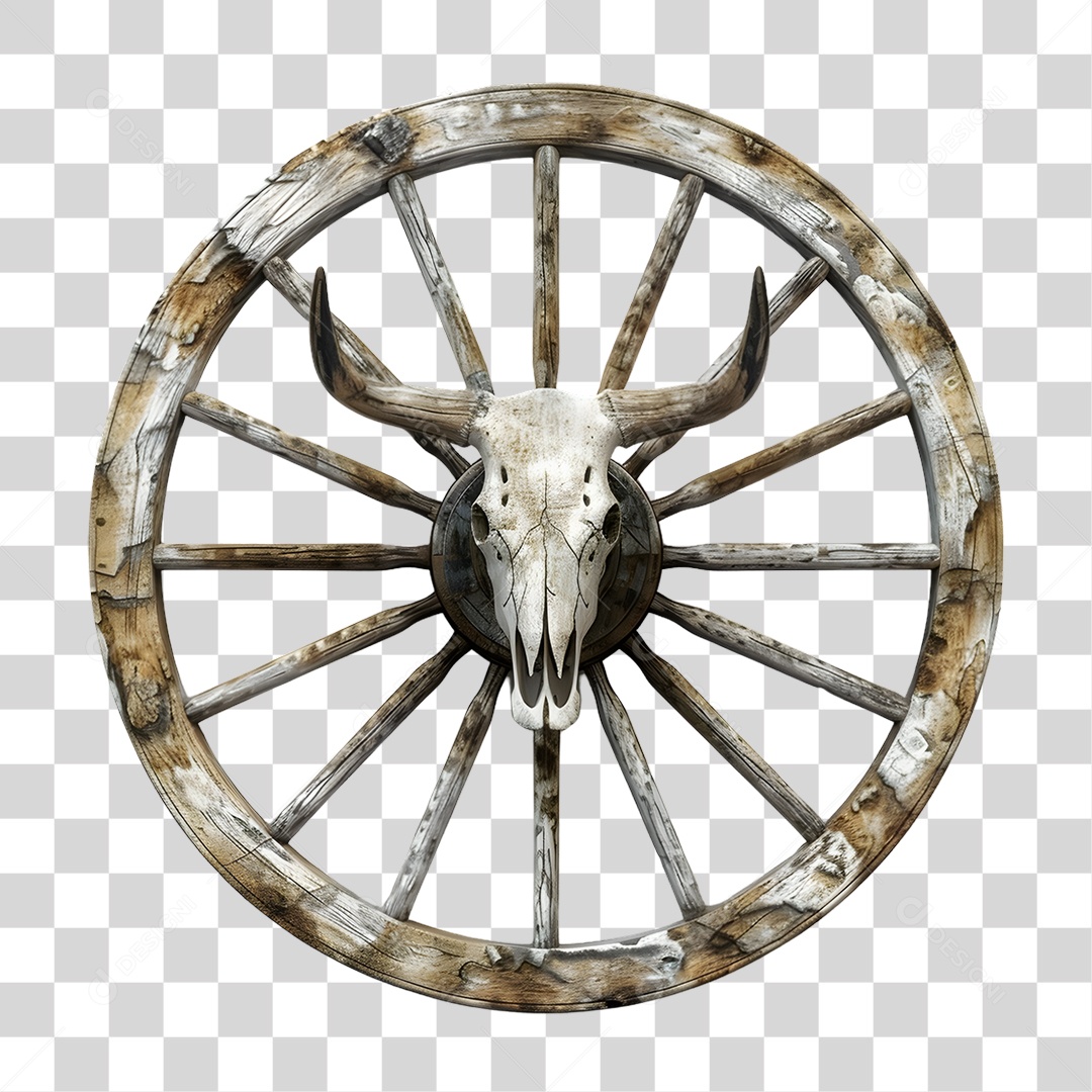 Grande Roda de Carroça Madeira Velha Crânio de Bovino PNG Transparente