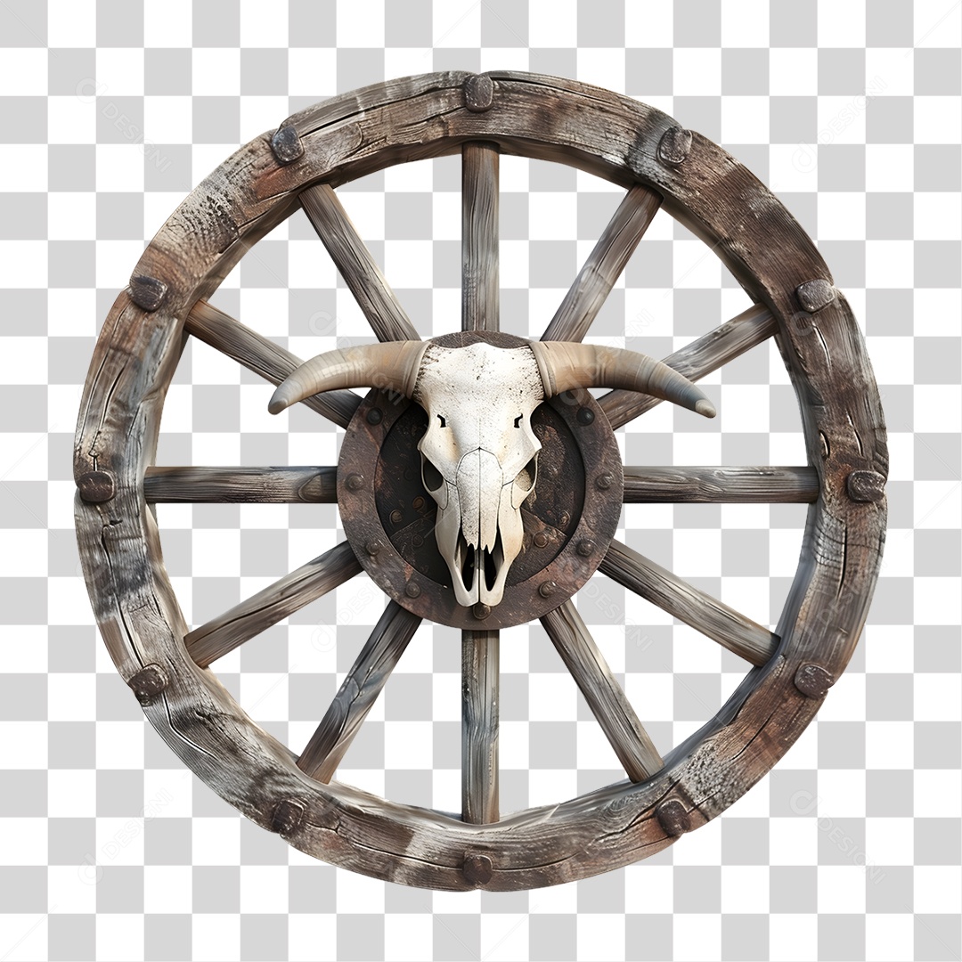 Grande Roda de Carroça Madeira Velha Crânio de Bovino PNG Transparente