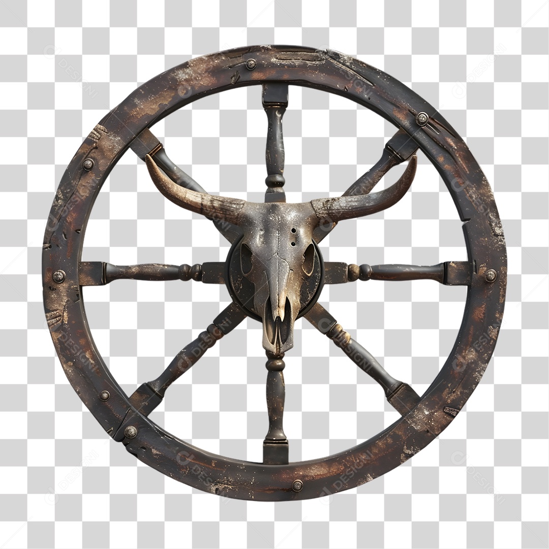 Grande Roda de Carroça Madeira Velha Crânio de Bovino PNG Transparente