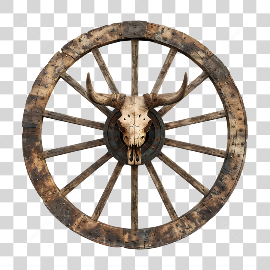 Grande Roda de Carroça Madeira Velha Crânio de Bovino PNG Transparente