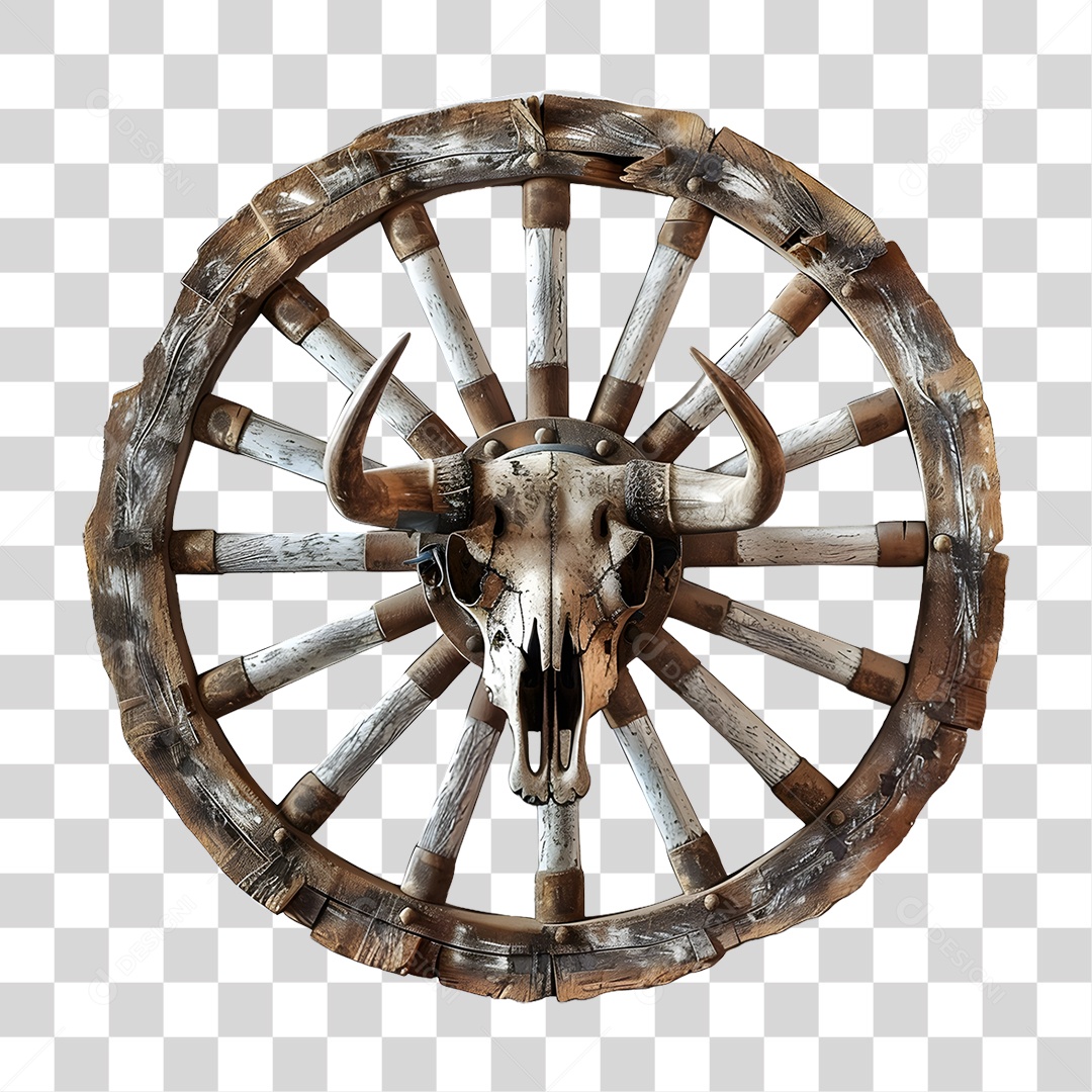 Grande Roda de Carroça Madeira Velha Crânio de Bovino PNG Transparente