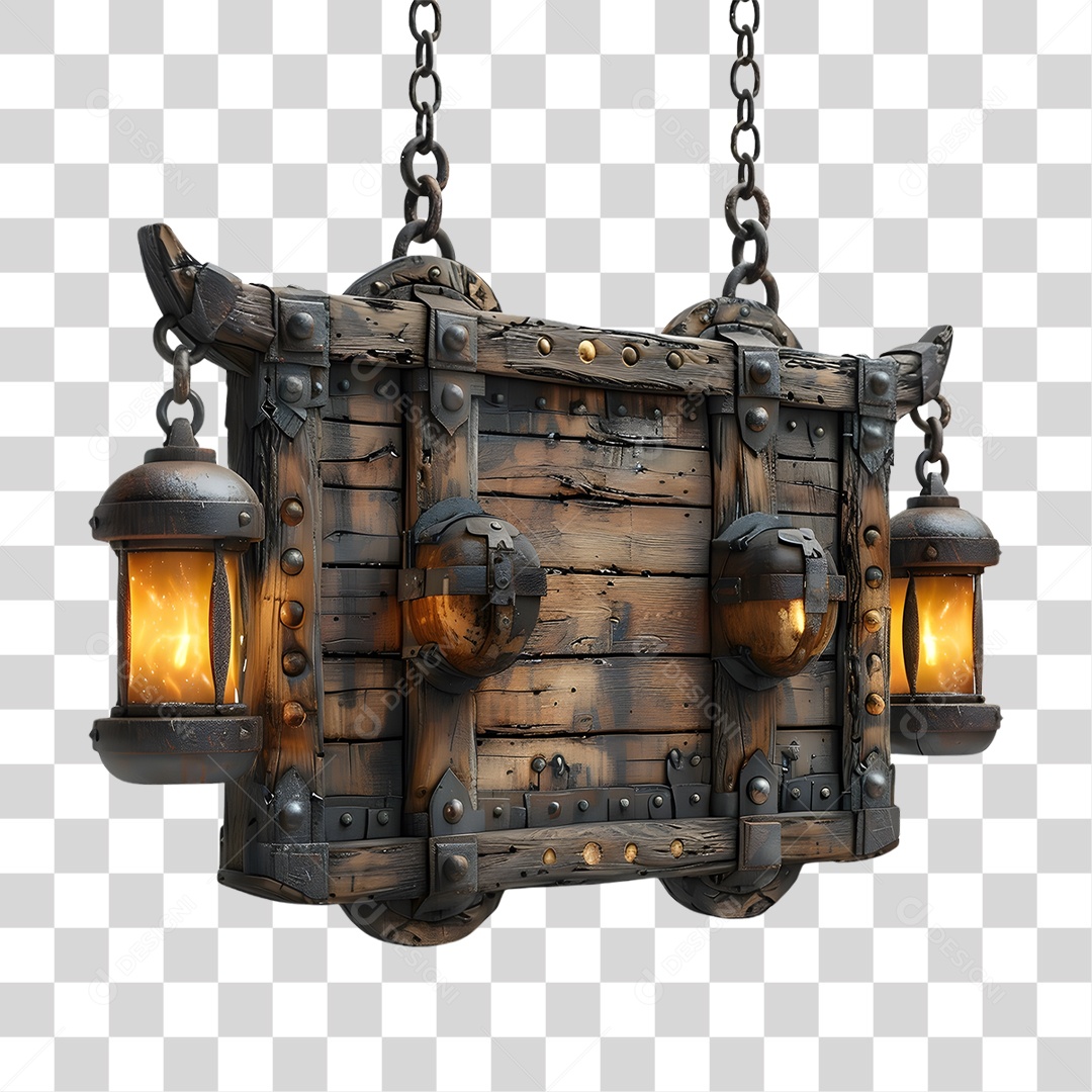 Placa de Madeira com Correntes e Luzes PNG Transparente