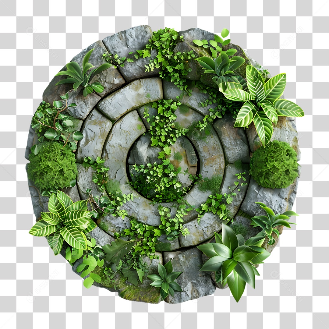 Roda de Pedra Coberta de Plantas PNG Transparente
