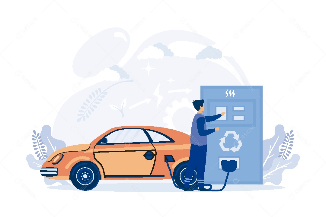 Conceito de Energia Sustentável Carro Elétrico Recarregando Vetor EPS