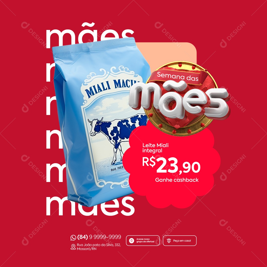 Semana das Mães Supermercado Leite Miali Integral Social Media PSD Editável