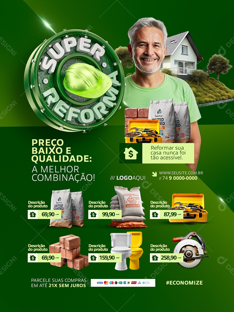 Super Reforma Materiais de Construção Encarte Cimento Tijolos Social Media PSD Editável