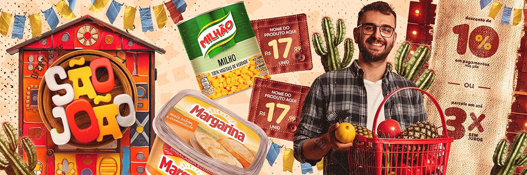 Carrossel Ofertas de São João Supermercado Milho Margarina Social Media PSD Editável