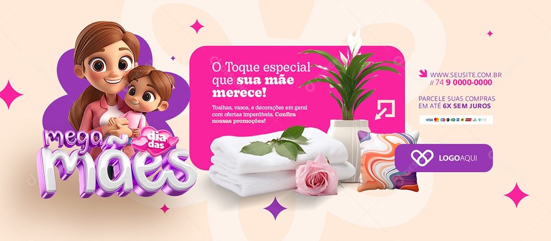 Banner Mega Dia Das Mães Toalhas Vaso de Plantas Almofada Social Media PSD Editável