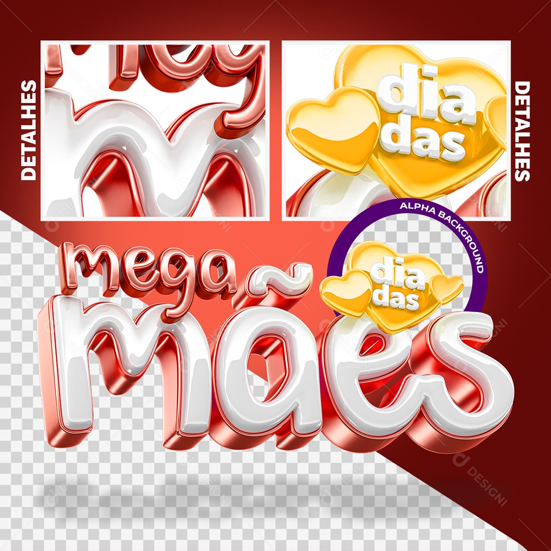 Mega Dia Das Mães Selo 3D Vermelho Branco e Amarelo para Composição PSD
