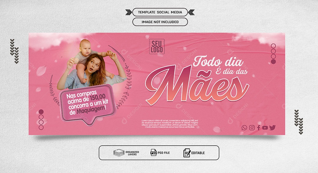 Banner Dia das Mães nas Compras Acima de 150 Concorra a um Kit de Maquiagem Social Media PSD Editável