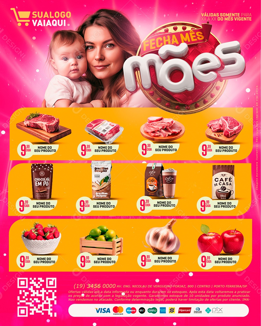 Tabloide Fecha Mês Mães Supermercado Carne Café Hortifruti Social Media PSD Editável