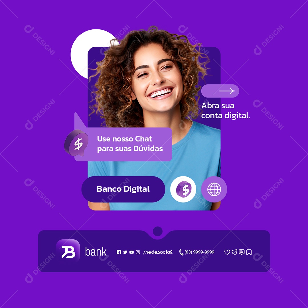 Banco Digital Use Nosso Chat para Duas Dúvidas Bank Social Media PSD Editável