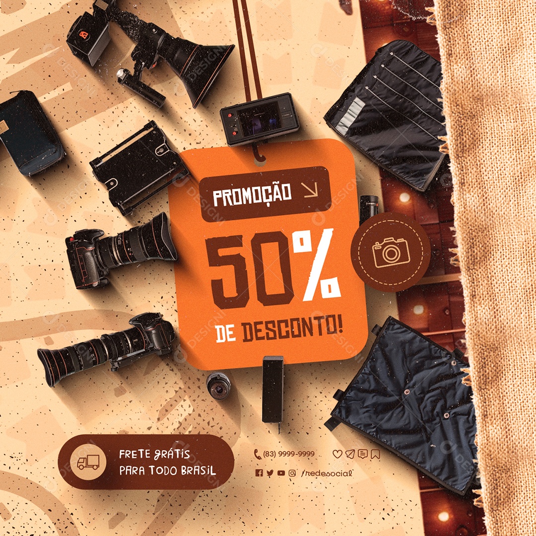 Loja de Câmeras São João Câmera Profissional Promoção 50% de Desconto Social Media PSD Editável