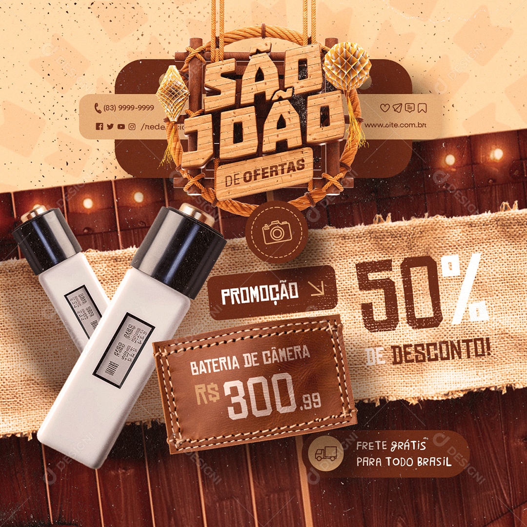 Loja de Câmeras São João Bateria de Câmera Promoção 50% de Desconto Social Media PSD Editáve