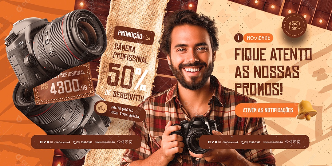 Carrossel Loja de Câmeras São João Câmera Profissional 50% de Desconto Social Media PSD Editável