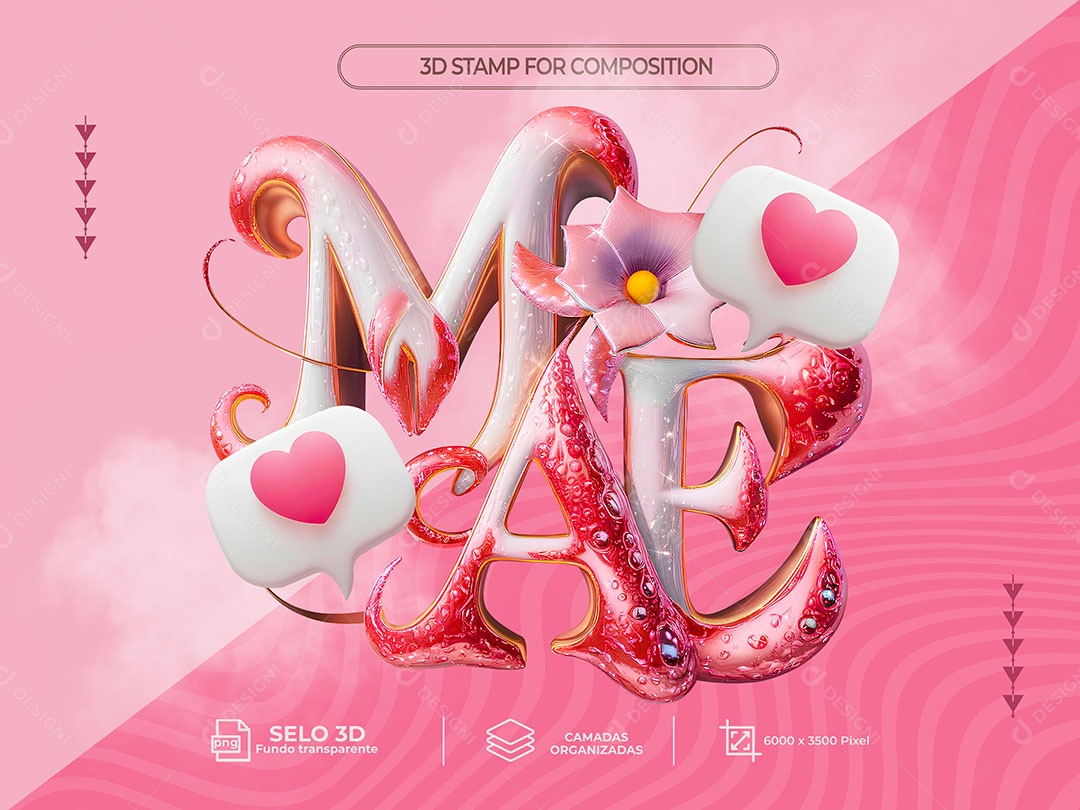 Mãe Selo 3D Rosa para Composição PSD