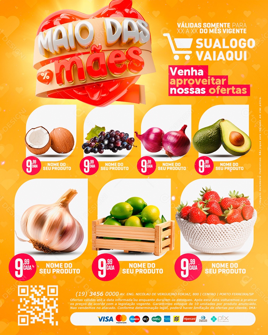 Tabloide Maio das Mães Supermercado Hortifruti Uva Limão Morango Social Media PSD Editável