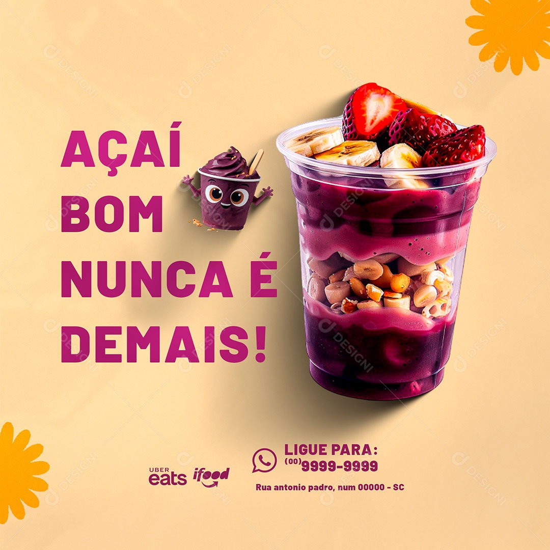 Açaí Bom Nunca é Demais Social Media PSD Editável