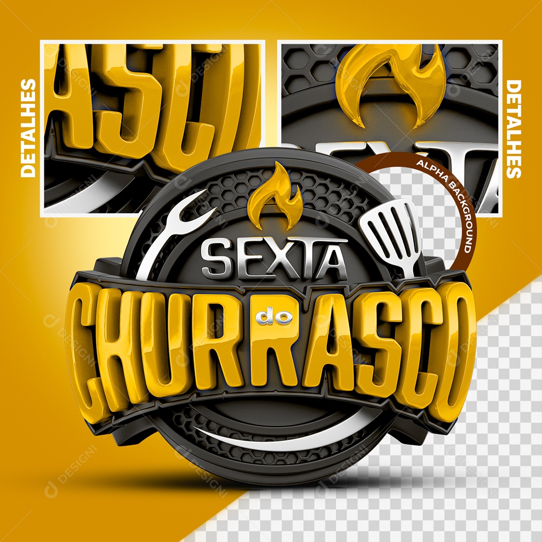 Sexta do Churrasco Selo 3D Cinza e Amarelo para Composição PSD