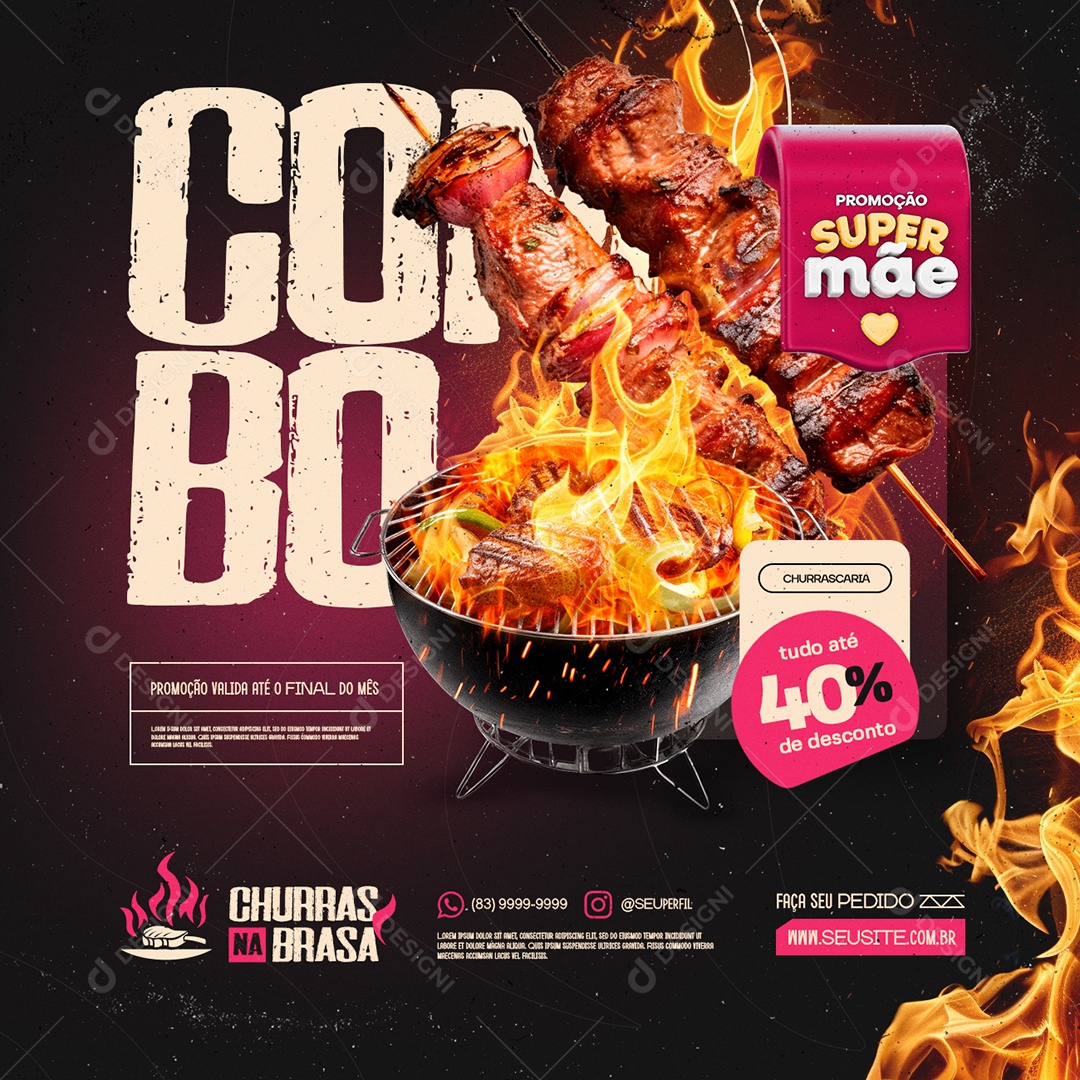 Churrascaria Churras na Brasa Promoção Super Mãe Combo Social Media PSD Editável