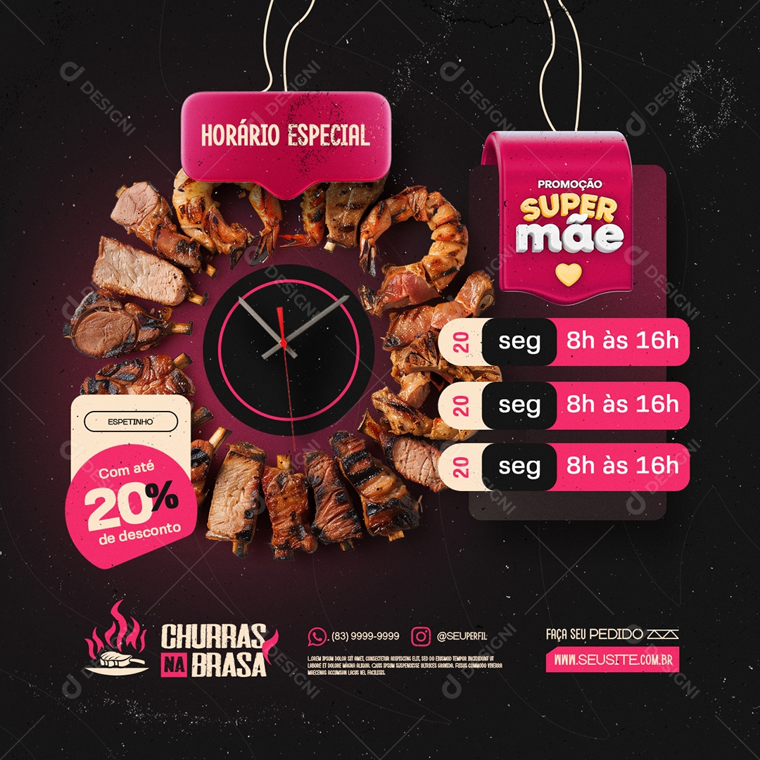 Churrascaria Churras na Brasa Promoção Super Mãe Horário Especial Social Media PSD Editável