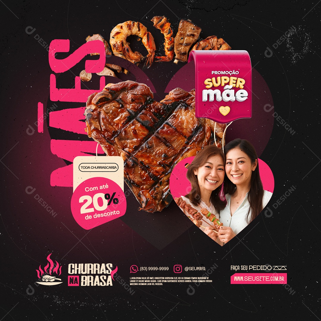 Churrascaria Churras na Brasa Promoção Super Mãe 20% de Desconto Social Media PSD Editável