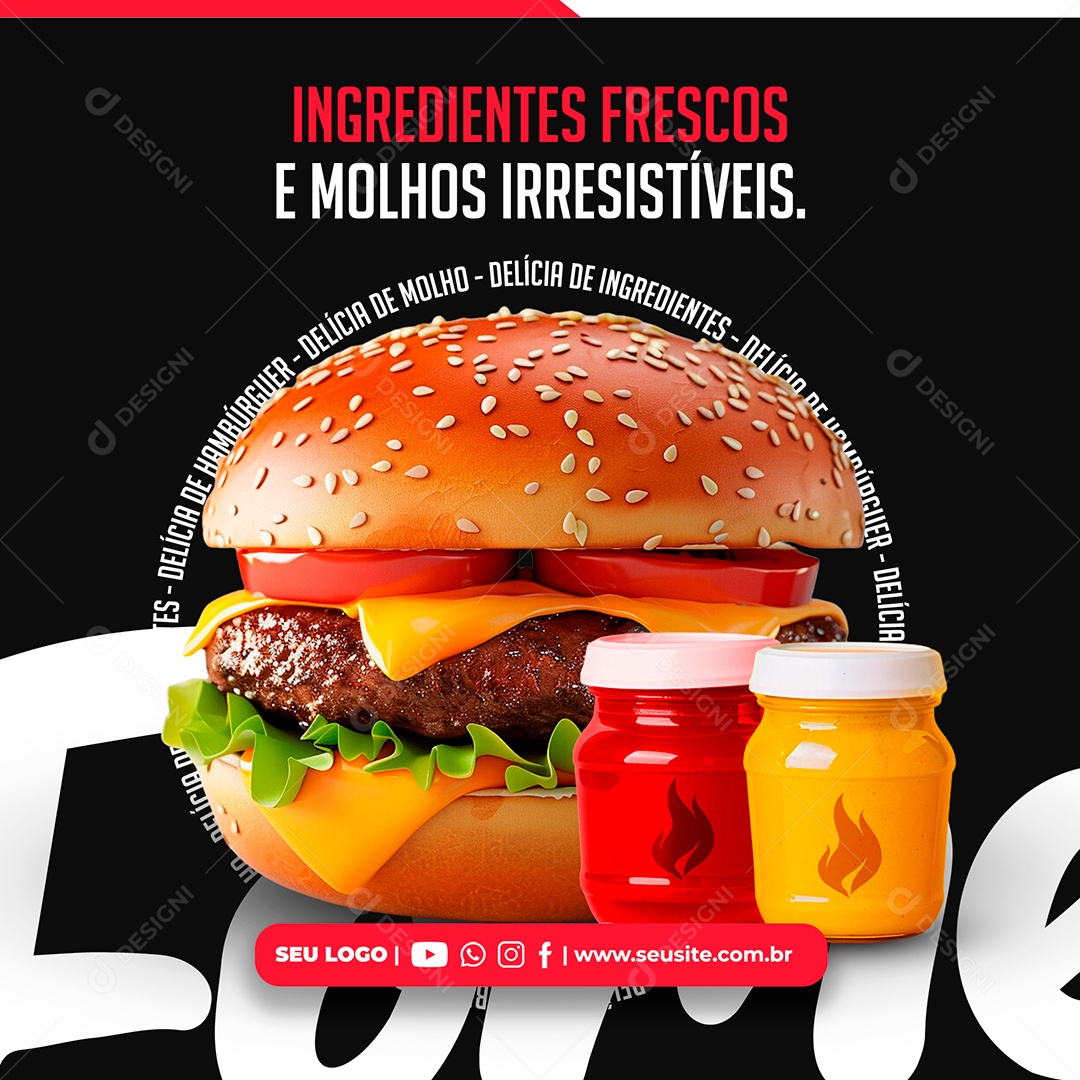 Hamburgueria Ingredientes Frescos e Molhos Irresistíveis Social Media PSD Editável