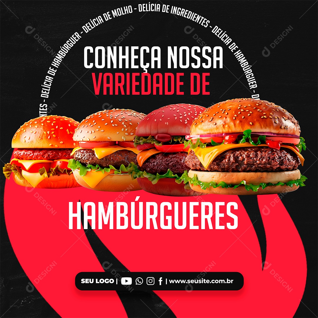 Hamburgueria Conheça Nossa Variedade de Hambúrgueres Social Media PSD Editável