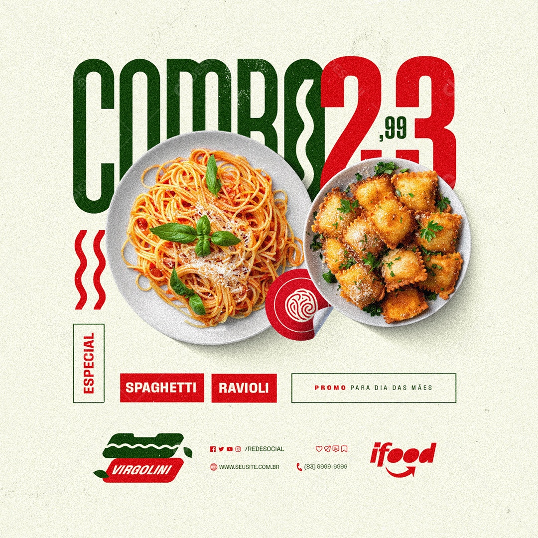 Restaurante de Massas Combo Especial Spaghetti Ravioli Promo Dia das Mães Social Media PSD Editável