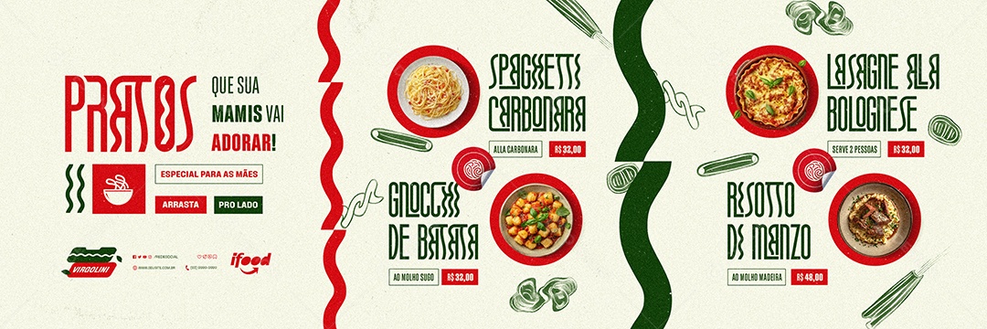 Carrossel Restaurante de Massas Pratos Especial para as Mães Social Media PSD Editável