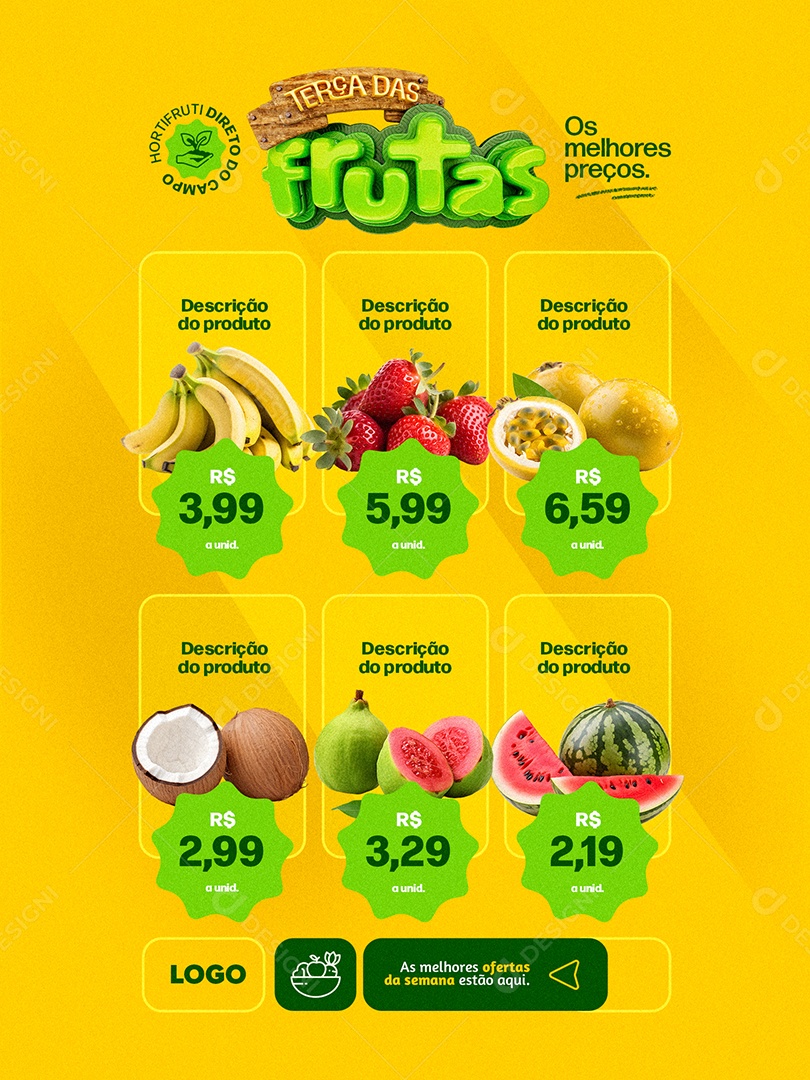 Terça das Frutas Encarte Banana Morango Maracujá Melancia Preços Social Media PSD Editável