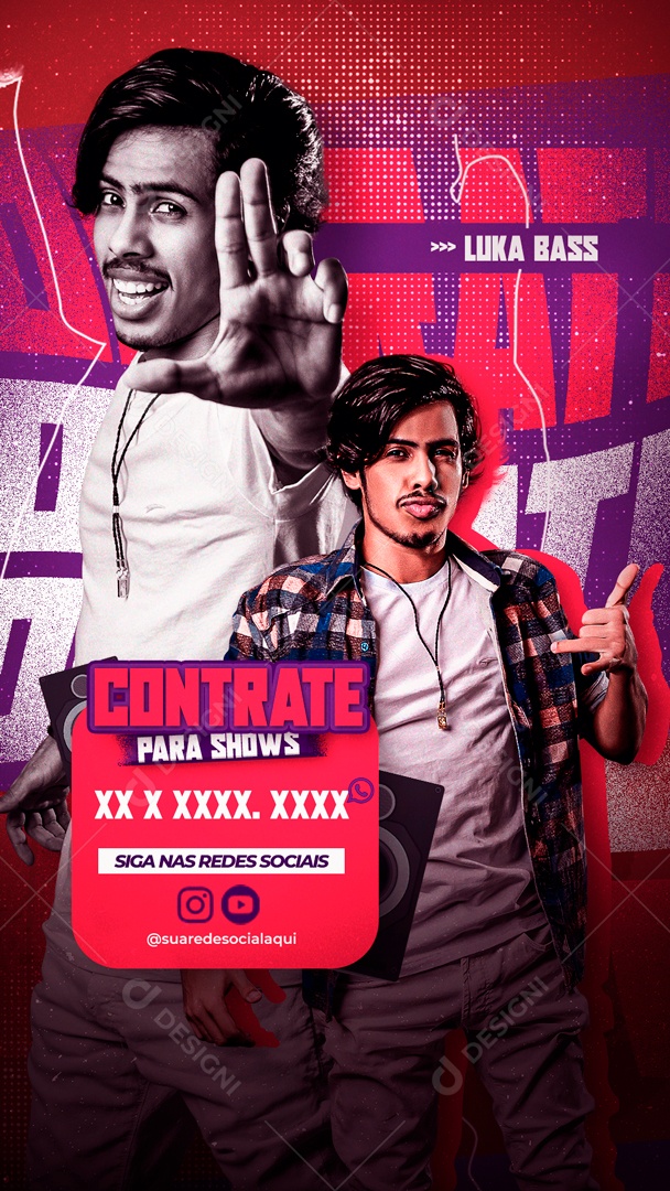 Flyer Story Contrate para Shows Luka Bass Social Media PSD Editável