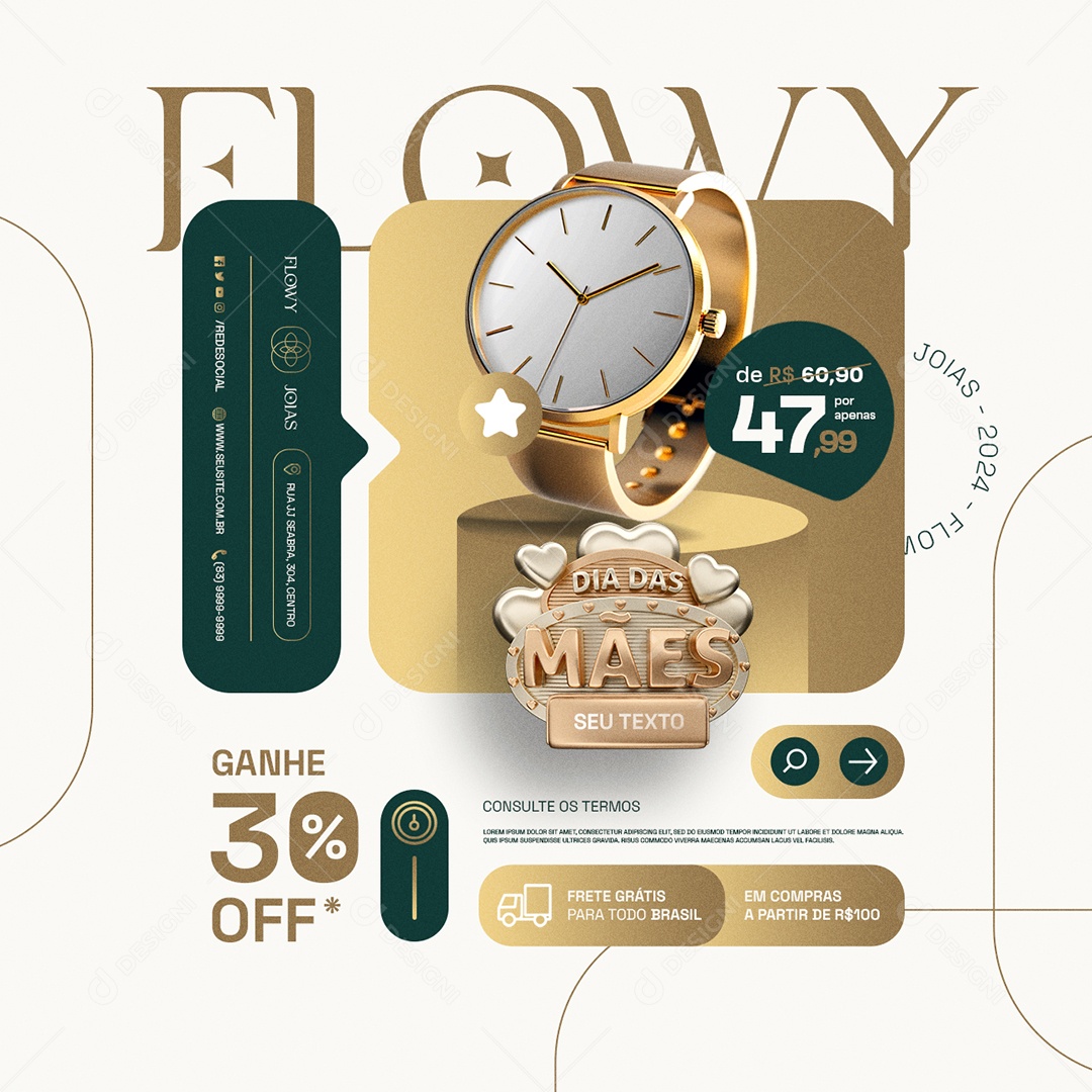 Joalheria Dia das Mães Relógio Flowy Ganhe 30% Off Social Media PSD Editável