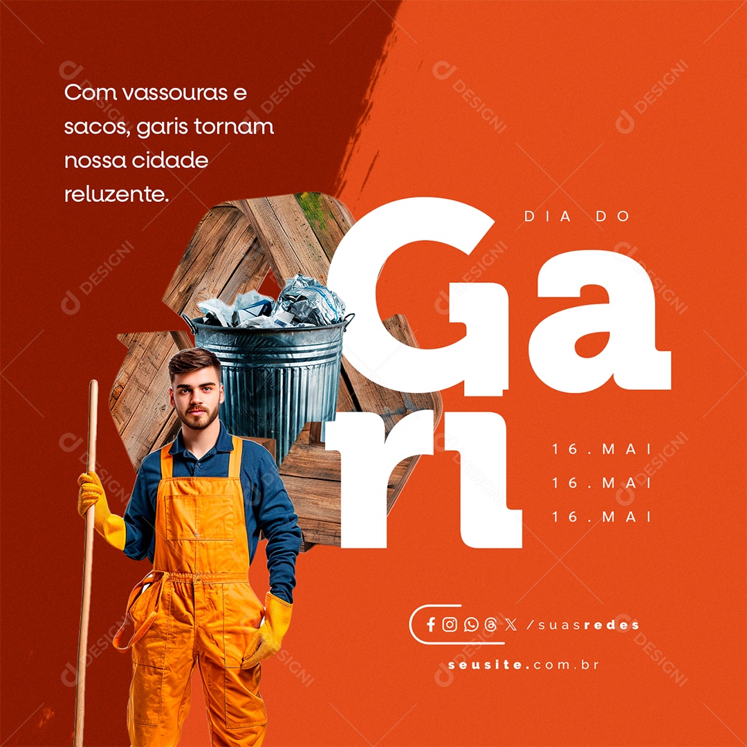 Dia Do Gari 16 de Maio Com Vassouras e Sacos Social Media PSD Editável