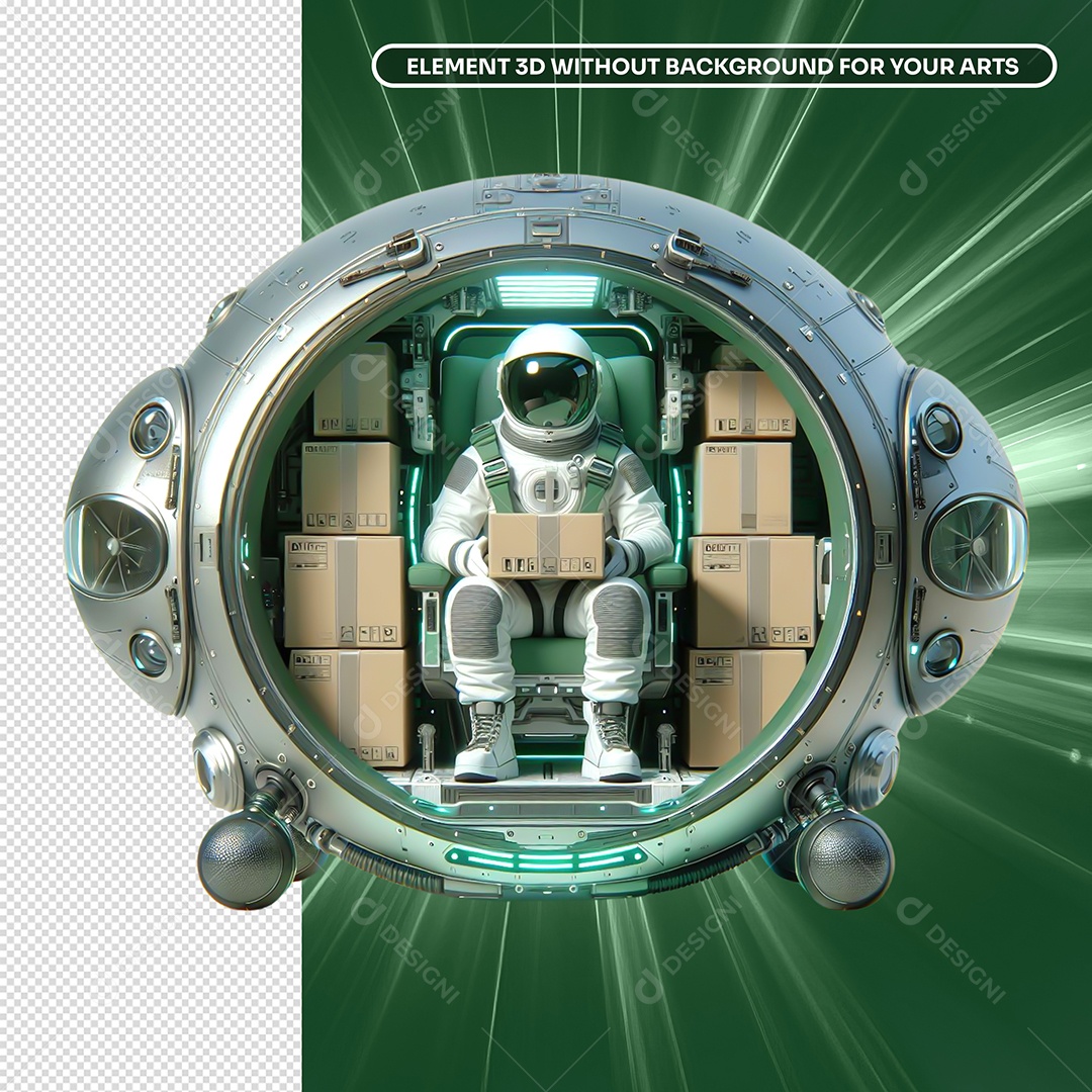 Elemento 3D Astronauta em Nave com Caixas de Mercadoria para Composição PSD