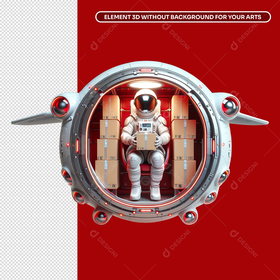 Elemento 3D Astronauta em Nave com Caixas de Mercadoria para Composição PSD